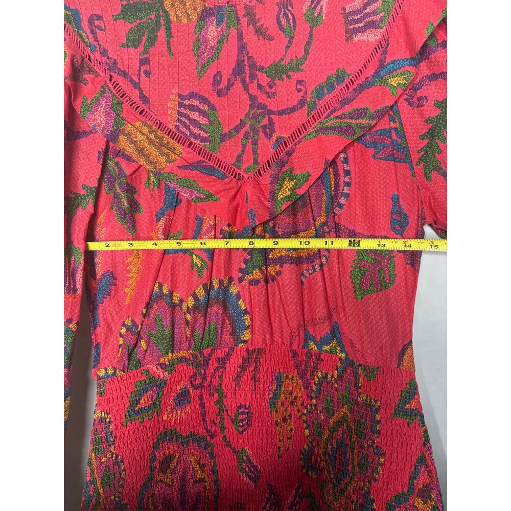 FARM Rio Mini Dress S Blush Sunset Tapestry Tropical Smocked Ruffle Summer Party - Picture 5 of 5
